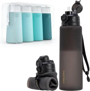 Collapsible 32oz Silicone Water Bottle, Foldable Travel Bottle with Straw, BPA Free, Leakproof for Hiking, International Travel, Outdoors (Black)