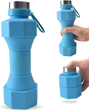 Collapsible Dumbbell Water Bottle, 22 oz (648.6 g), BPA-Free Silicone, Portable Lightweight, Hiking Buckle, Leak-Proof Sports Bottle (blue)
