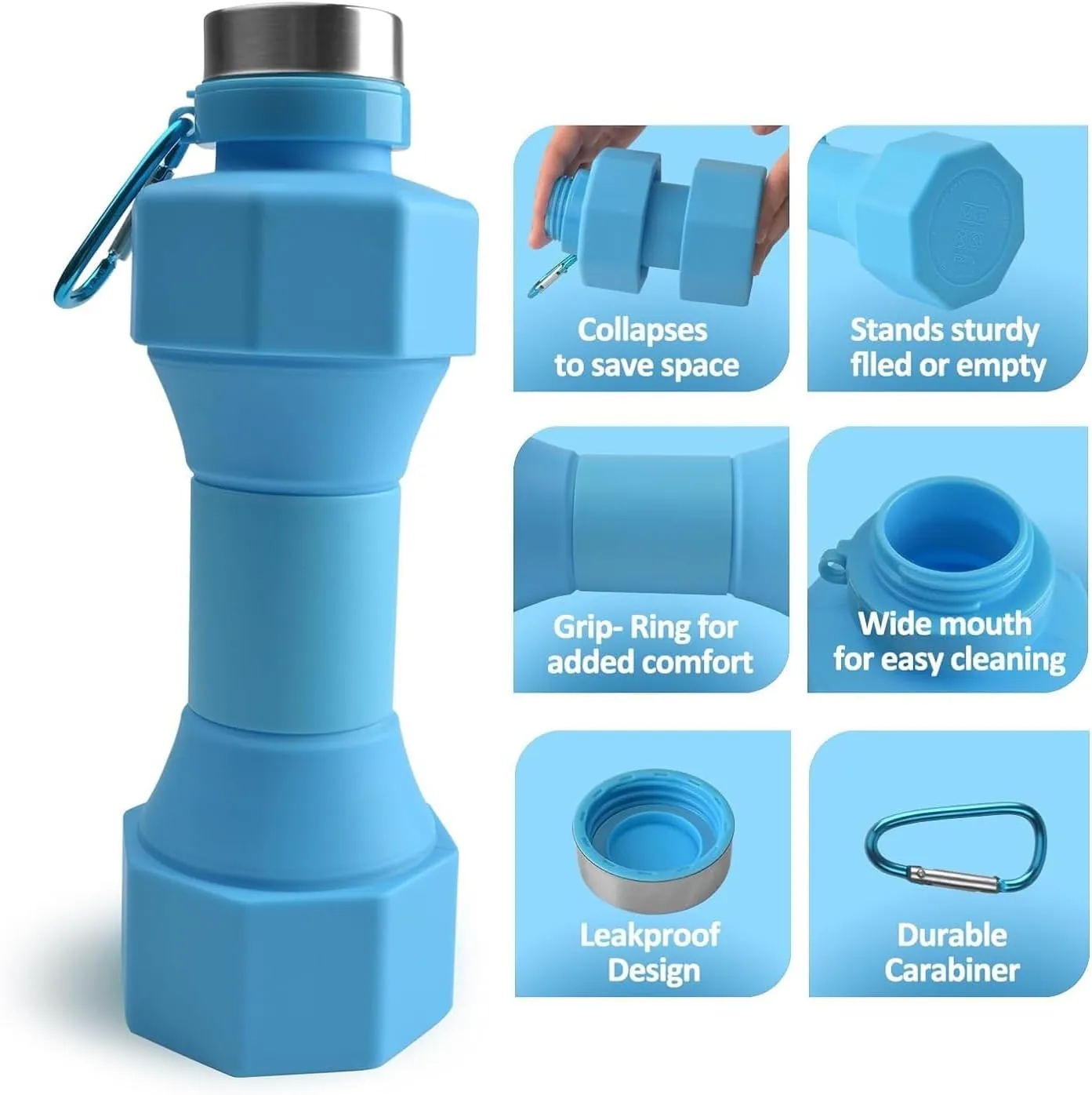 Collapsible Dumbbell Water Bottle, 22 oz (648.6 g), BPA-Free Silicone, Portable Lightweight, Hiking Buckle, Leak-Proof Sports Bottle (blue)