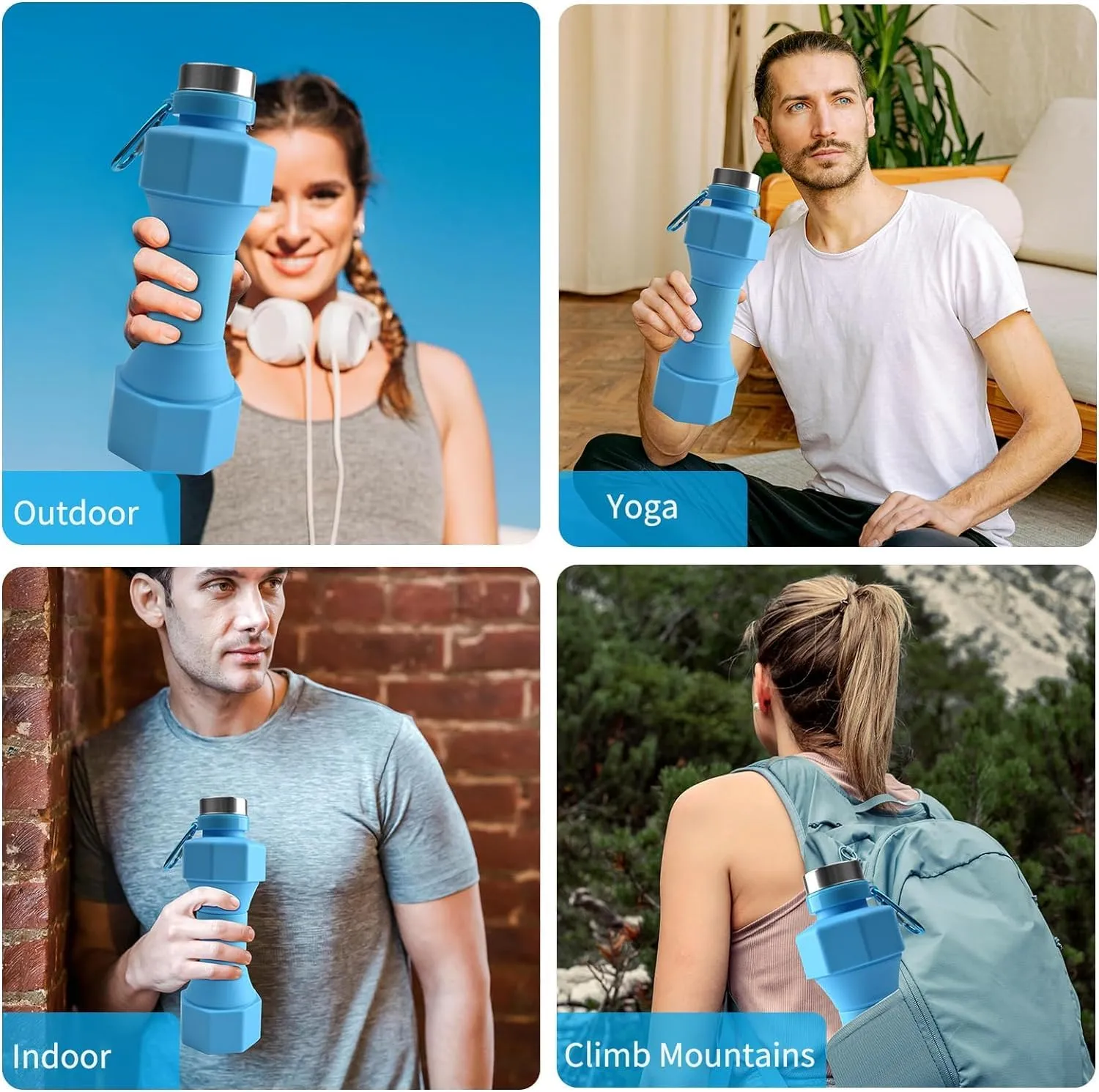 Collapsible Dumbbell Water Bottle, 22 oz (648.6 g), BPA-Free Silicone, Portable Lightweight, Hiking Buckle, Leak-Proof Sports Bottle (blue)