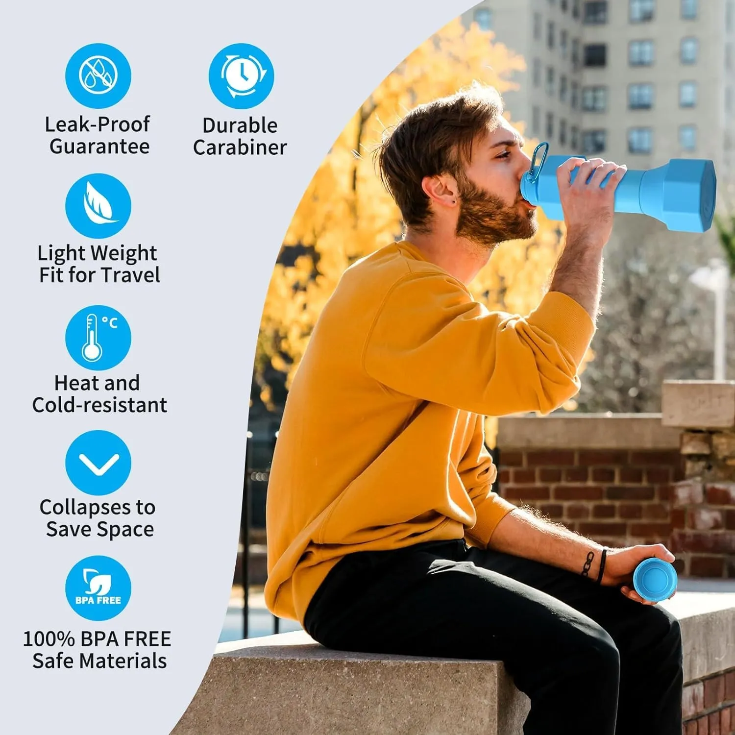 Collapsible Dumbbell Water Bottle, 22 oz (648.6 g), BPA-Free Silicone, Portable Lightweight, Hiking Buckle, Leak-Proof Sports Bottle (blue)
