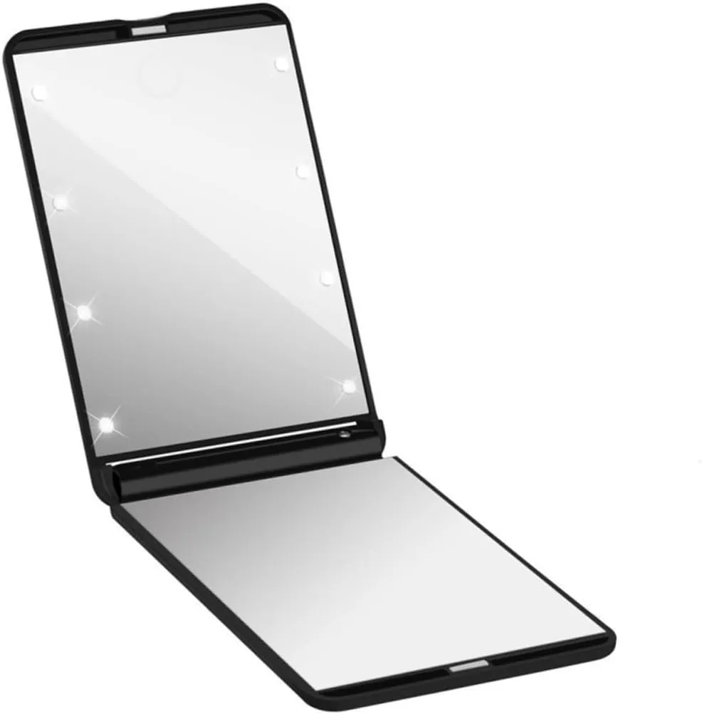 Collapsible LED Lighted Makeup Mirror Portable Dual Sided Vanity Mirror with LED Lights Rotation and Compact Design for for Travel and Makeup Application Black