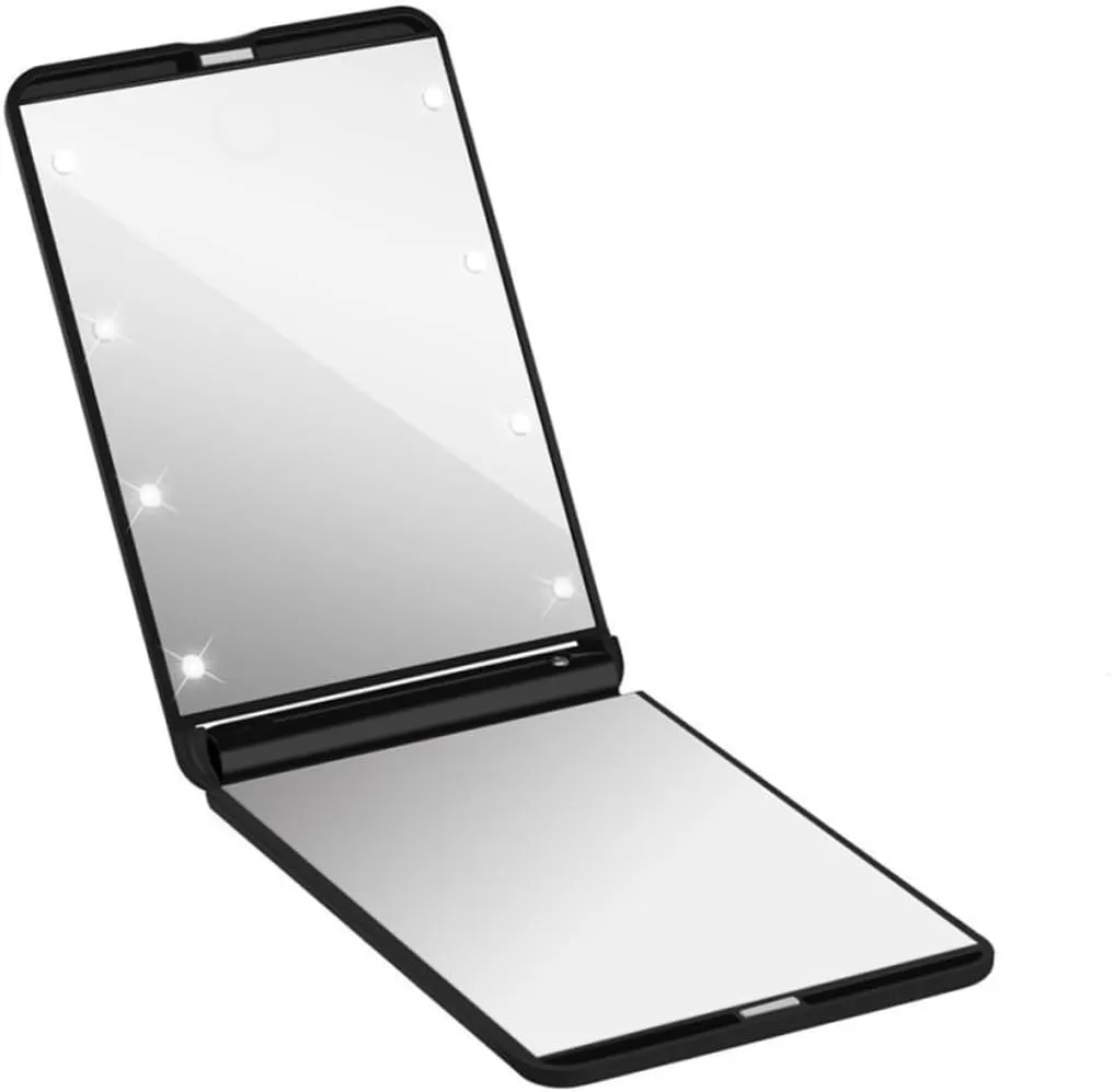 Collapsible LED Lighted Makeup Mirror with Bright LED Lights Portable Compact Folding Design Rotation for Optimal Viewing for Travel and Bathroom Use Black