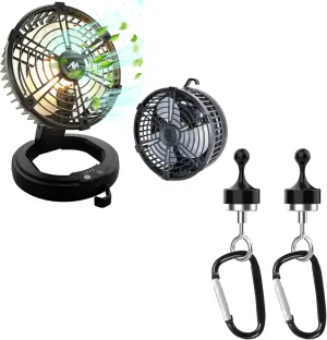 Collapsible Tent Fan with LED Lights & 2 Magnetic Camping Hooks, Heavy-Duty Tent Hanger Hooks with Magnet Clip