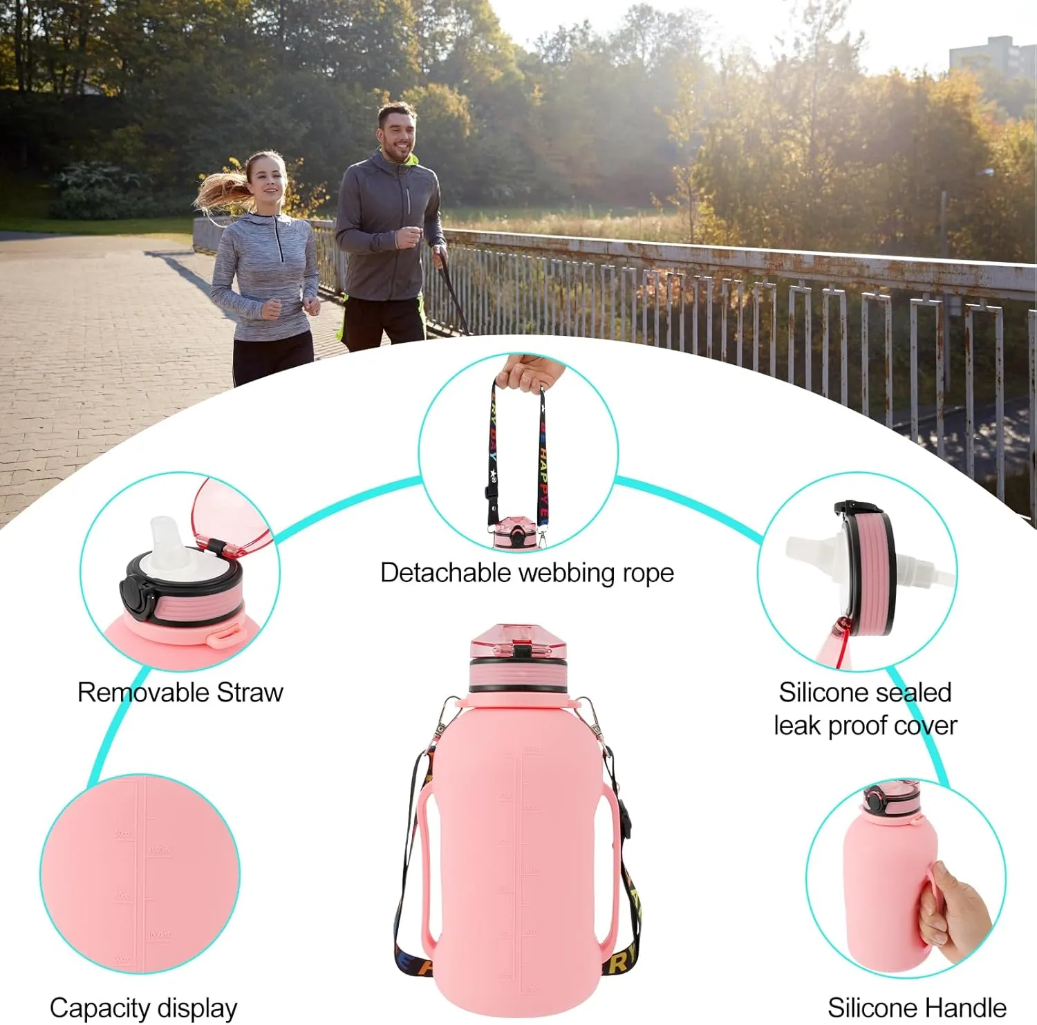 Collapsible Water Bottle 2L/64oz Sport Water Bottle with Mark Foldable Water Bottle with Strap Handle BPA Free Silicone Water Bottle with Detachable Straw for Fitness (Pink)