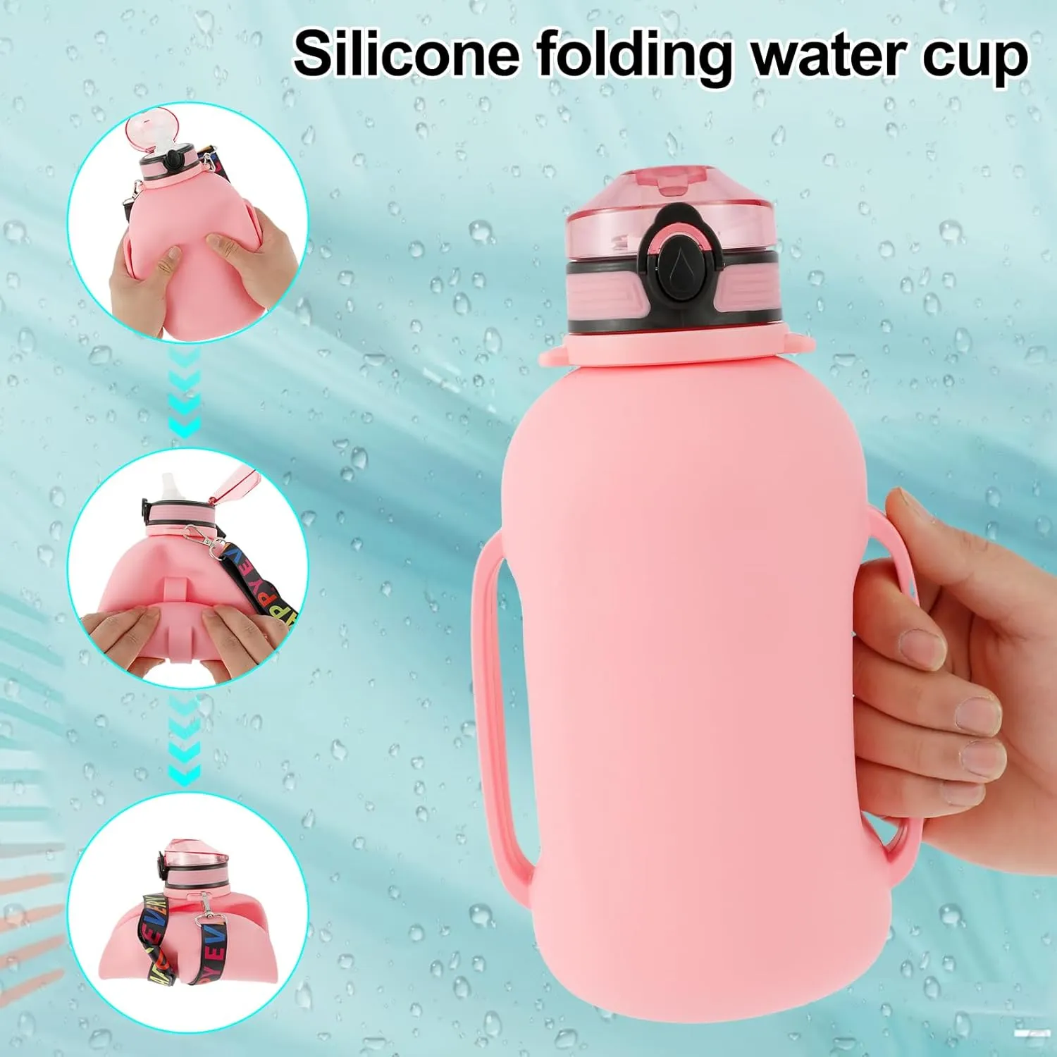 Collapsible Water Bottle 2L/64oz Sport Water Bottle with Mark Foldable Water Bottle with Strap Handle BPA Free Silicone Water Bottle with Detachable Straw for Fitness (Pink)