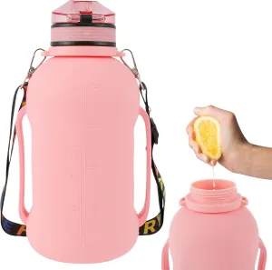 Collapsible Water Bottle 2L/64oz Sport Water Bottle with Mark Foldable Water Bottle with Strap Handle BPA Free Silicone Water Bottle with Detachable Straw for Fitness (Pink)