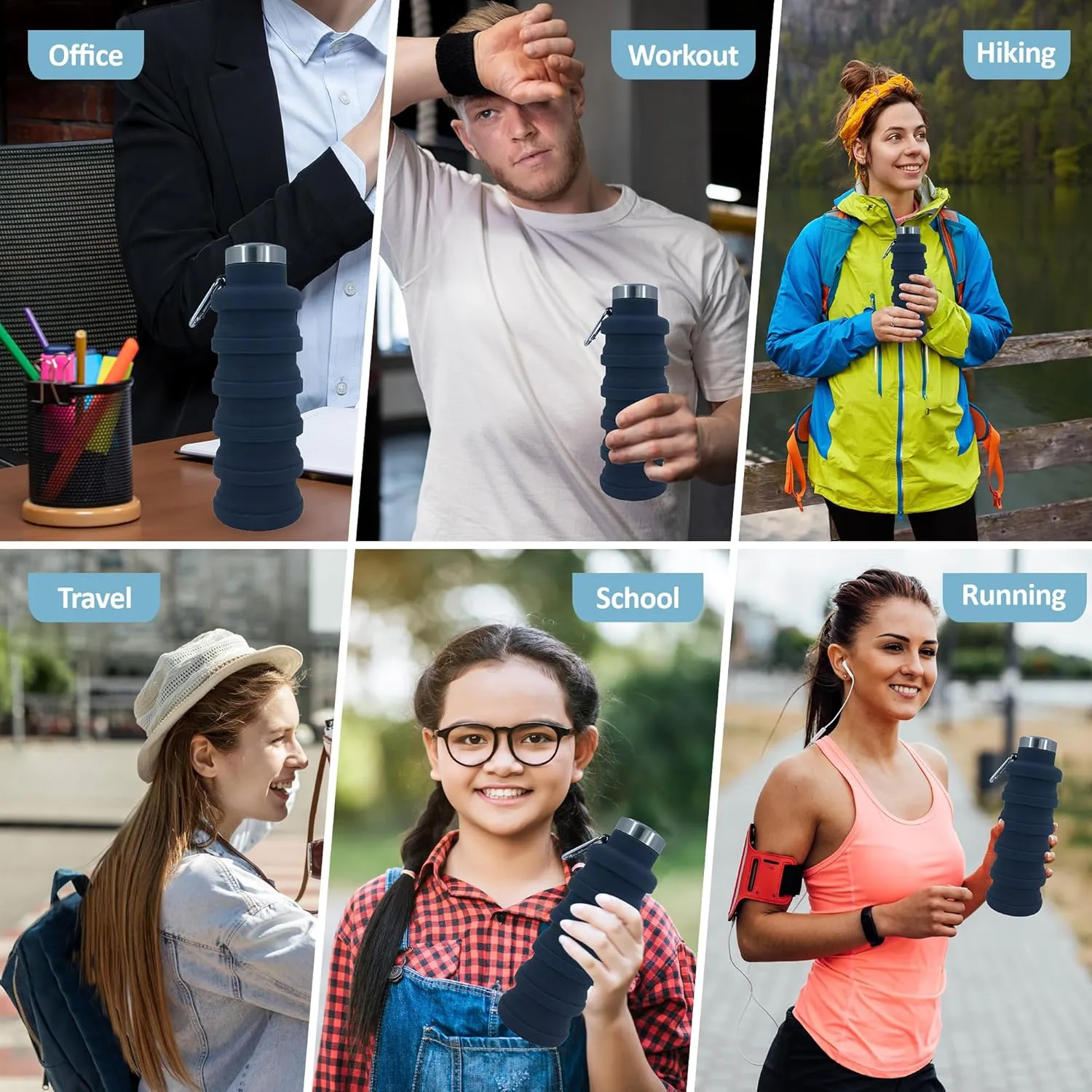 Collapsible Water Bottles 24oz, Odorless BPA-Free Silicone, Leak-Proof Foldable Reusable Bottle - Perfect for Travel Sports Gym Hiking Camping Cycling - Dark Gray