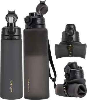 Collapsible Water Bottles 32oz Black and 20oz Black, Foldable Travel Water Bottle with Strap, BPA Free, Silicone Water Bottle Leakproof for Hiking, International Travel, Outdoors