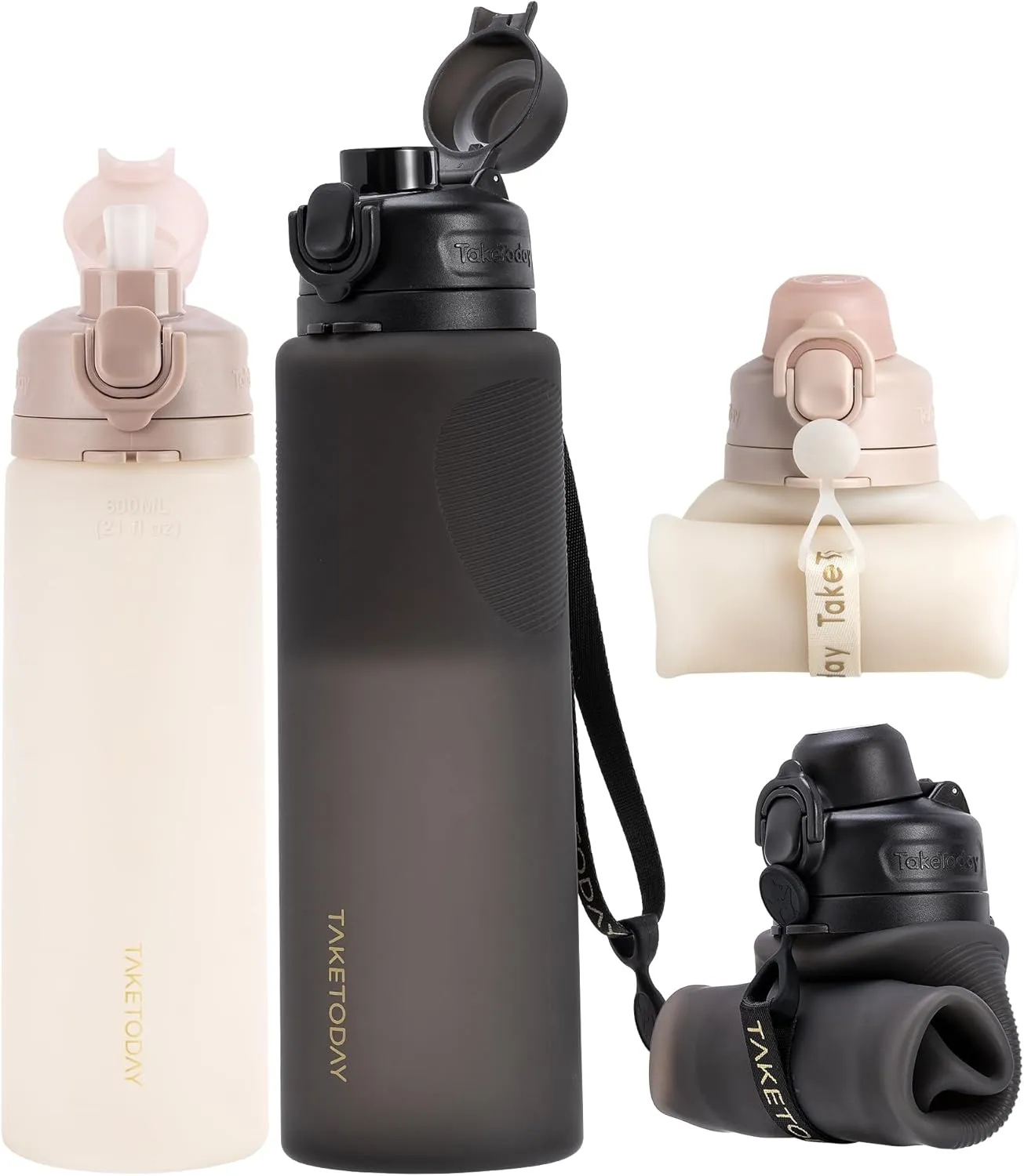 Collapsible Water Bottles 32oz Black and 20oz Desert Sand Foldable Travel Water Bottle with Strap, BPA Free, Silicone Water Bottle Leakproof for Hiking, International Travel, Outdoors