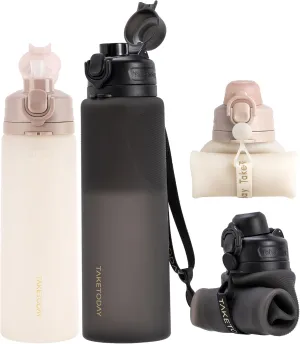 Collapsible Water Bottles 32oz Black and 20oz Desert Sand Foldable Travel Water Bottle with Strap, BPA Free, Silicone Water Bottle Leakproof for Hiking, International Travel, Outdoors