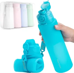 Collapsible Water Bottles 32oz, Foldable Travel Water Bottle with Strap, BPA Free, Silicone Water Bottle Leakproof for Hiking, International Travel, Outdoors (Blue)