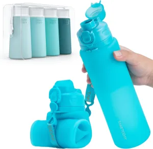 Collapsible Water Bottles 32oz, Foldable Travel Water Bottle with Strap, BPA Free, Silicone Water Bottle Leakproof for Hiking, International Travel, Outdoors (Blue)