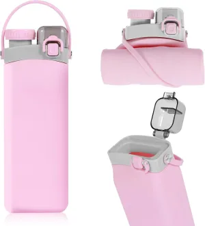 Collapsible Water Bottles-600ml/20.3oz Foldable Silicone Drinking Water Bottle,Durable Lightweight Water Bottle, BPA Free Leak-Proof Sports Water Bottle for Hiking Camping Travel Sport (Pink)