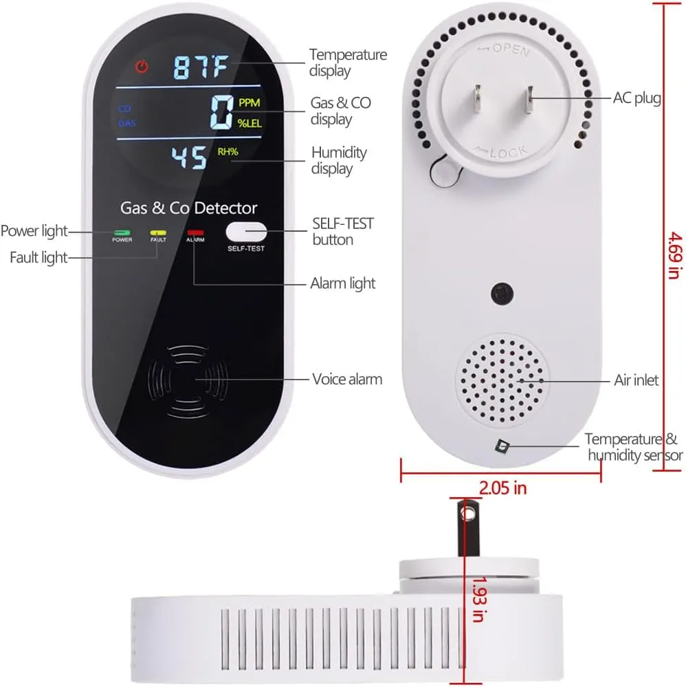 Combination Gas & Carbon Monoxide Detector Plug in Wall, WESHLGD Portable Natural Gas and Carbon Monoxide Detector for Travel, 4 in 1 CO and Gas Detector with Temperature Humidity Display - 1Pack