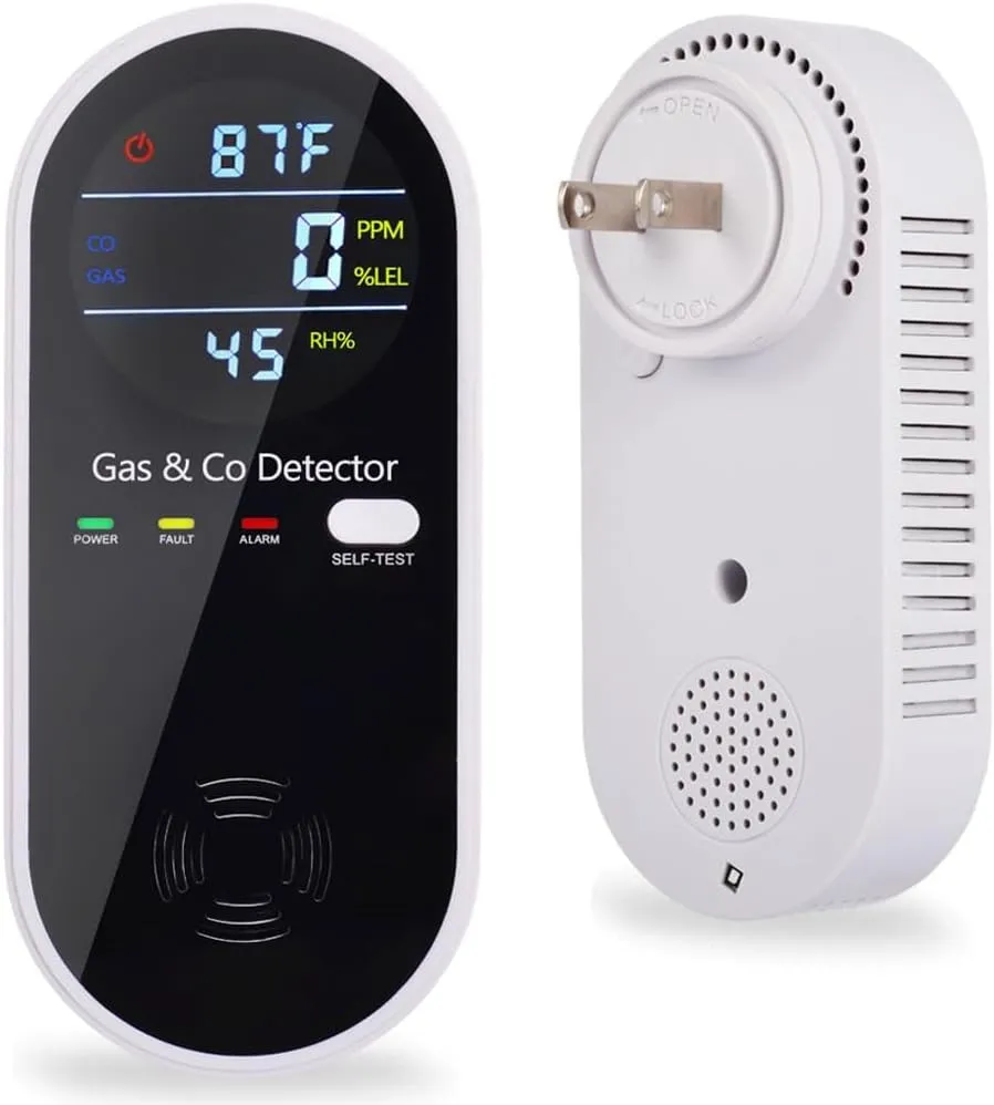 Combination Gas & Carbon Monoxide Detector Plug in Wall, WESHLGD Portable Natural Gas and Carbon Monoxide Detector for Travel, 4 in 1 CO and Gas Detector with Temperature Humidity Display - 1Pack