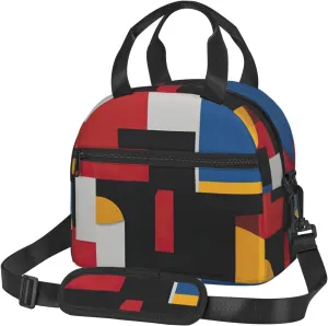 Composition in Red Yellow Blue and Black Print Lunch Bag Tote Reusable Lunch Box Container with Shoulder Strap Work Picnic Adult