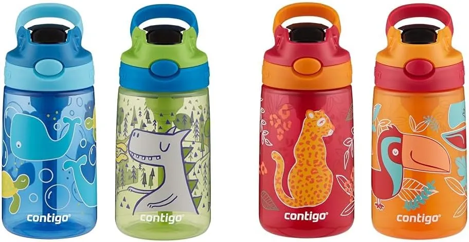 Contigo Aubrey Kids 14oz Dishwasher Safe Water Bottle 2-Pack with Silicone Straw, Whales & Dragon and Cheetah & Toucans Prints