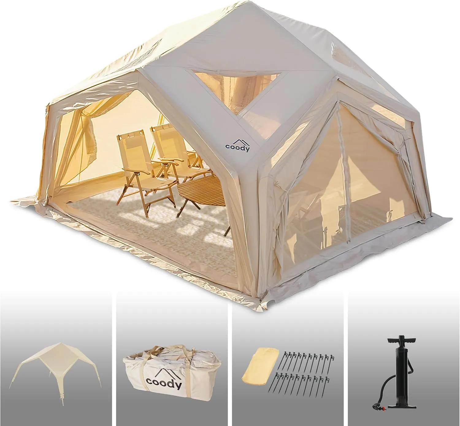 Coody | Rbm Outdoors Koala/Hub/Octopus Inflatable Tents for Camping with Stove Jack, 2/8/10 Person Luxury Canvas Blow Up Tent, 2 Room, Easy Setup Casa de Campaña, Large Inflatable House with Pump