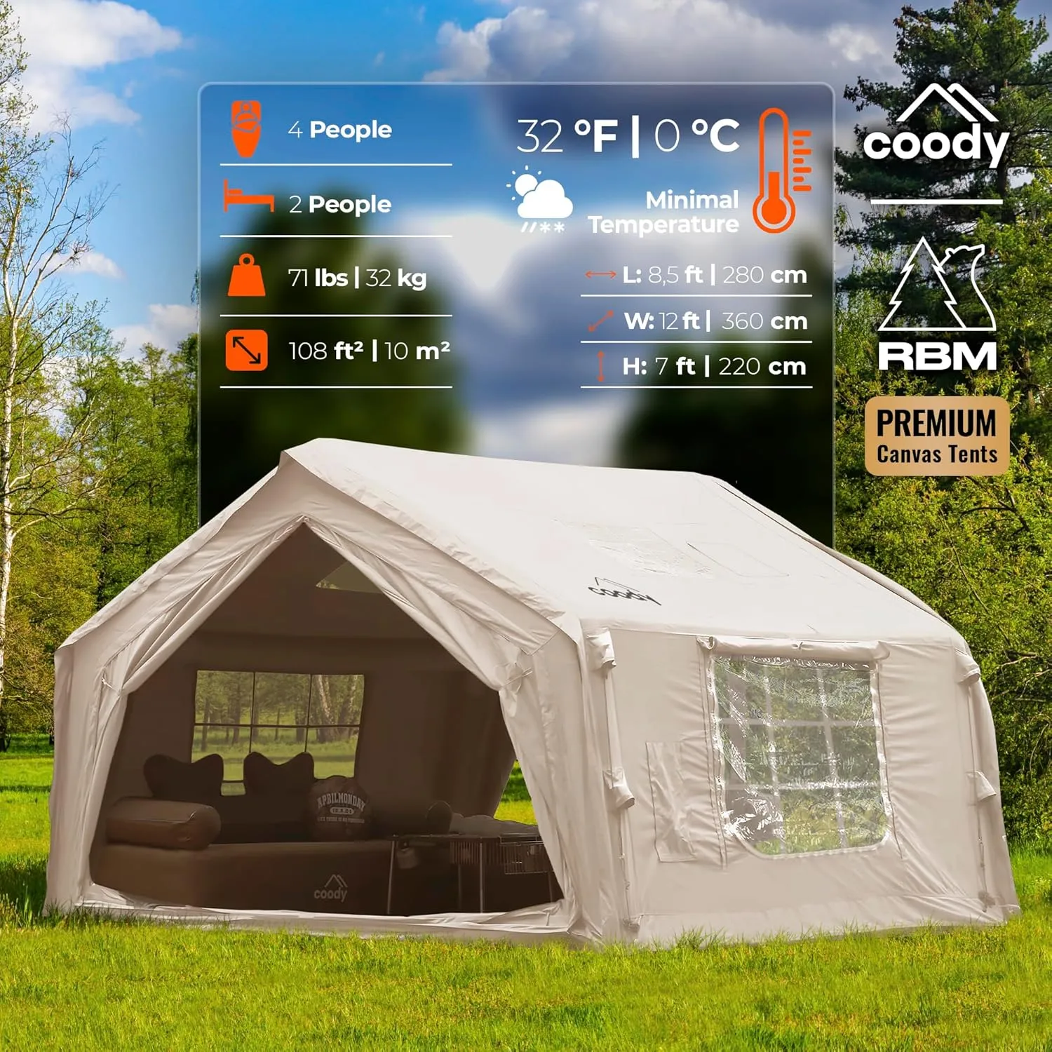 Coody | Rbm Outdoors Koala/Hub/Octopus Inflatable Tents for Camping with Stove Jack, 2/8/10 Person Luxury Canvas Blow Up Tent, 2 Room, Easy Setup Casa de Campaña, Large Inflatable House with Pump