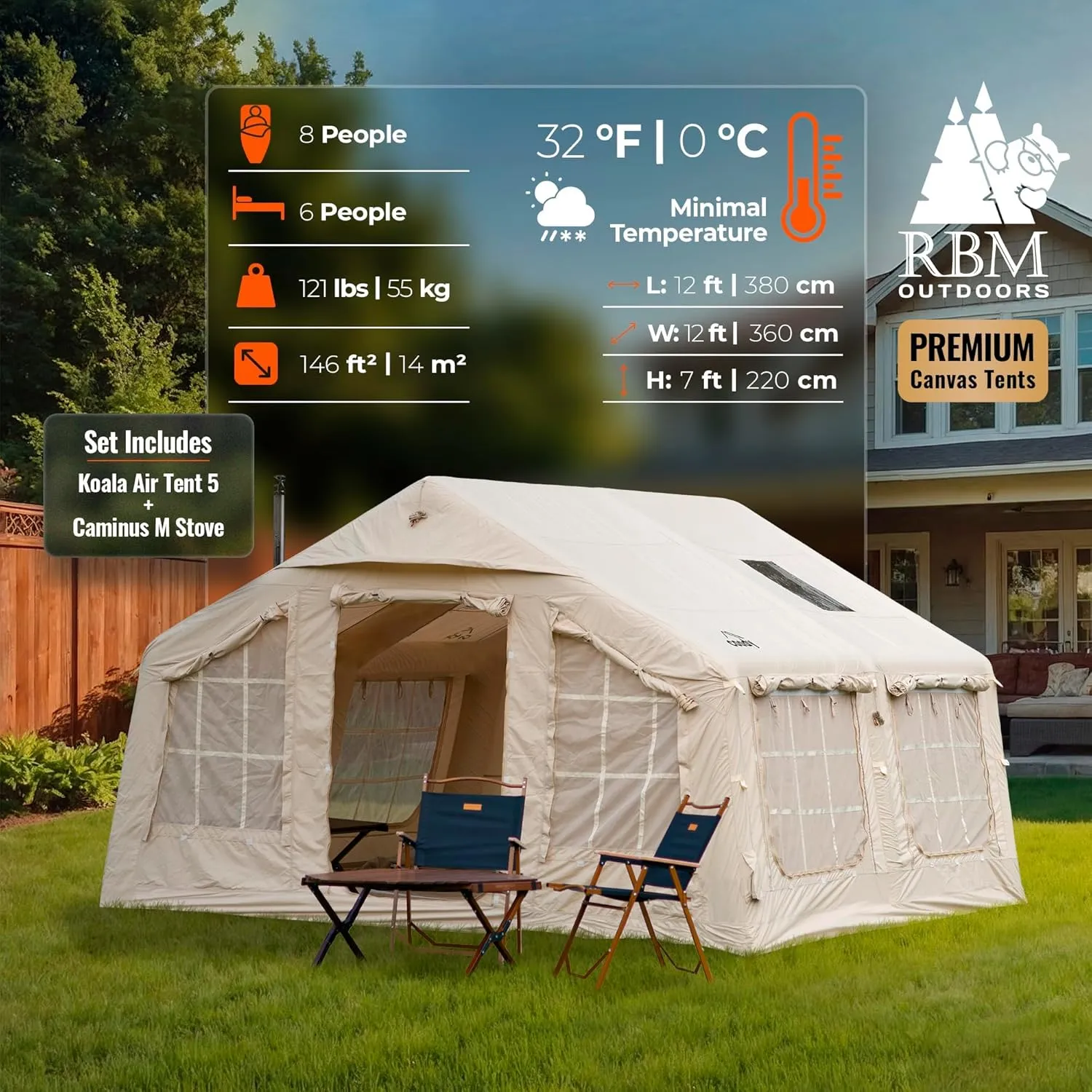 Coody | Rbm Outdoors Koala/Hub/Octopus Inflatable Tents for Camping with Stove Jack, 2/8/10 Person Luxury Canvas Blow Up Tent, 2 Room, Easy Setup Casa de Campaña, Large Inflatable House with Pump