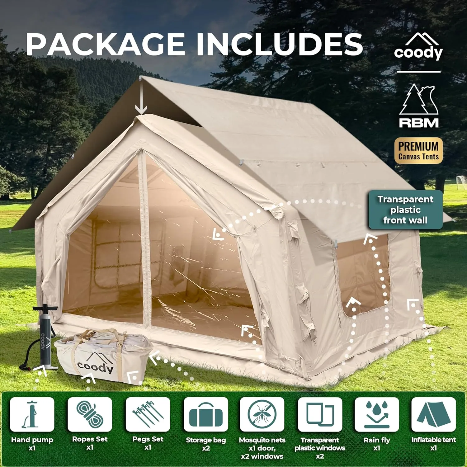 Coody | Rbm Outdoors Koala/Hub/Octopus Inflatable Tents for Camping with Stove Jack, 2/8/10 Person Luxury Canvas Blow Up Tent, 2 Room, Easy Setup Casa de Campaña, Large Inflatable House with Pump