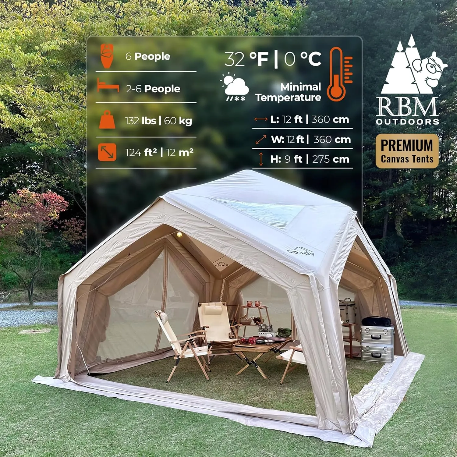 Coody | Rbm Outdoors Koala/Hub/Octopus Inflatable Tents for Camping with Stove Jack, 2/8/10 Person Luxury Canvas Blow Up Tent, 2 Room, Easy Setup Casa de Campaña, Large Inflatable House with Pump