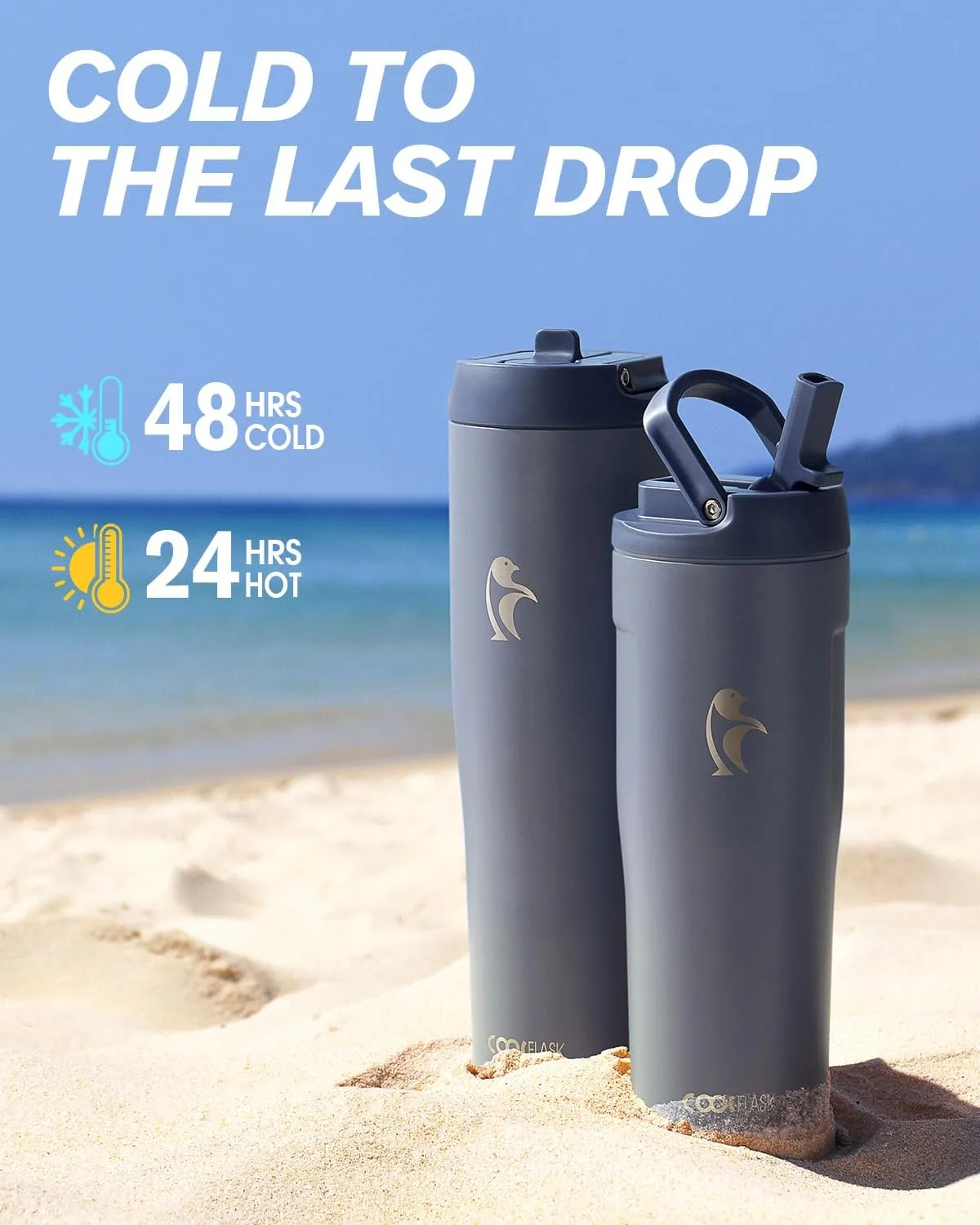 Coolflask 32 oz Insulated Water Bottle, Slim Tumblers with Straw Lid & Handle, Fits Car Cup Holder, Stainless Steel Thermo Flask for Sports, Gym, Travel, Office, Dishwasher Safe, Grey