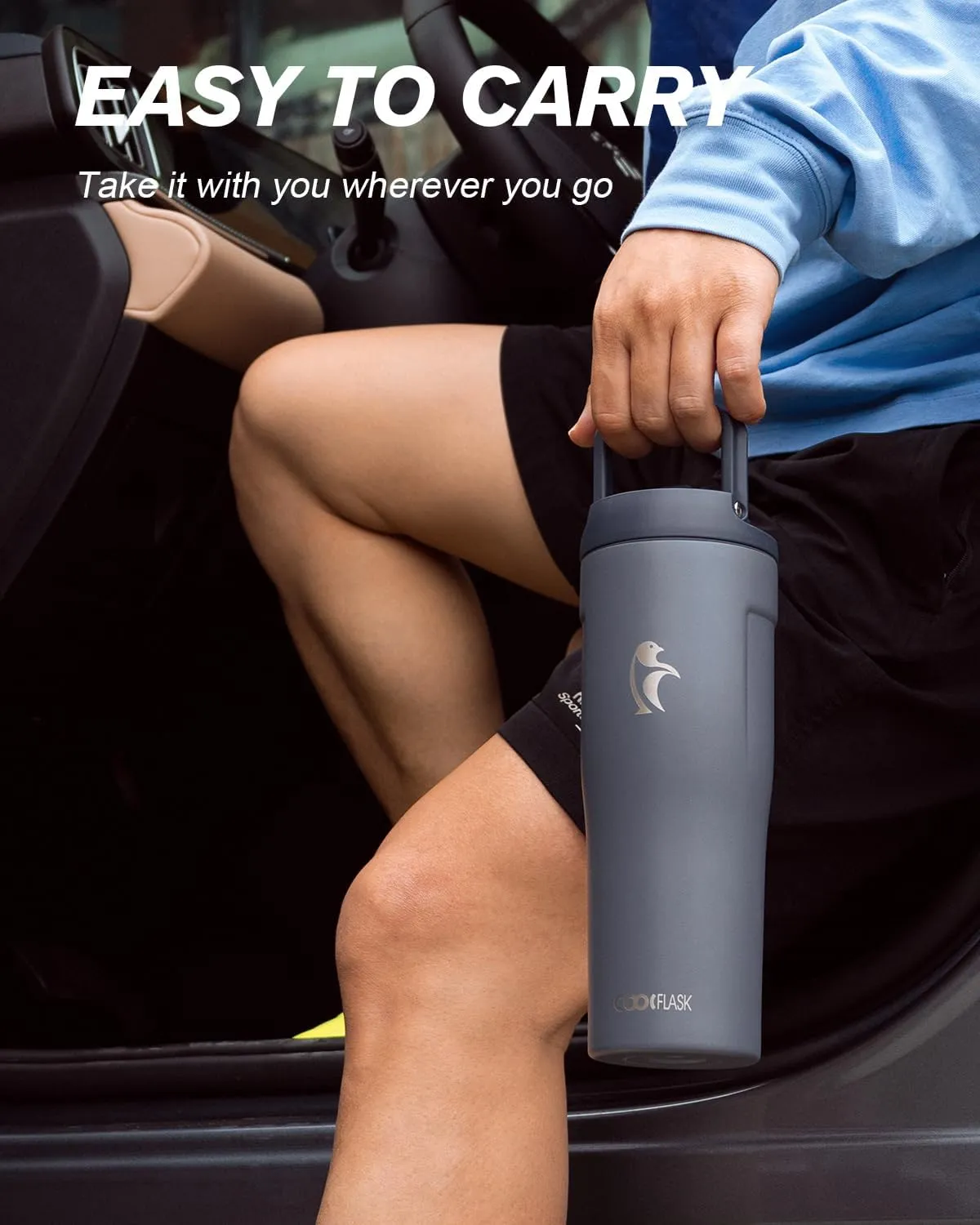 Coolflask 32 oz Insulated Water Bottle, Slim Tumblers with Straw Lid & Handle, Fits Car Cup Holder, Stainless Steel Thermo Flask for Sports, Gym, Travel, Office, Dishwasher Safe, Grey