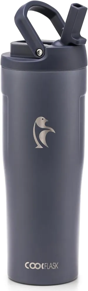 Coolflask 32 oz Insulated Water Bottle, Slim Tumblers with Straw Lid & Handle, Fits Car Cup Holder, Stainless Steel Thermo Flask for Sports, Gym, Travel, Office, Dishwasher Safe, Grey