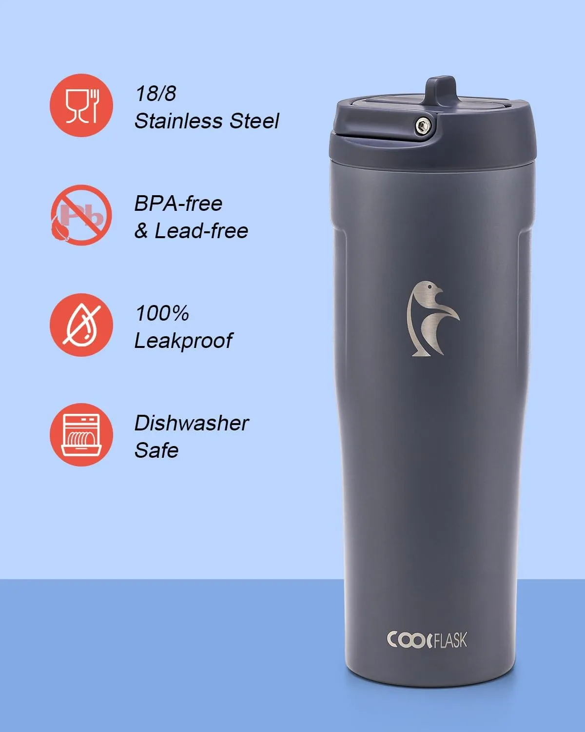 Coolflask 32 oz Insulated Water Bottle, Slim Tumblers with Straw Lid & Handle, Fits Car Cup Holder, Stainless Steel Thermo Flask for Sports, Gym, Travel, Office, Dishwasher Safe, Grey