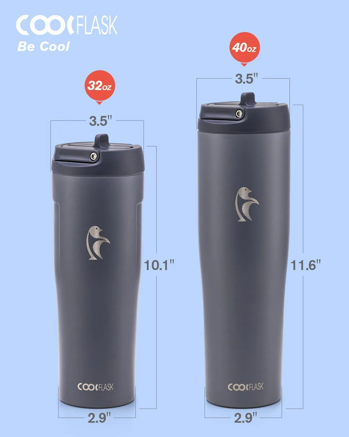 Coolflask 32 oz Insulated Water Bottle, Slim Tumblers with Straw Lid & Handle, Fits Car Cup Holder, Stainless Steel Thermo Flask for Sports, Gym, Travel, Office, Dishwasher Safe, Grey