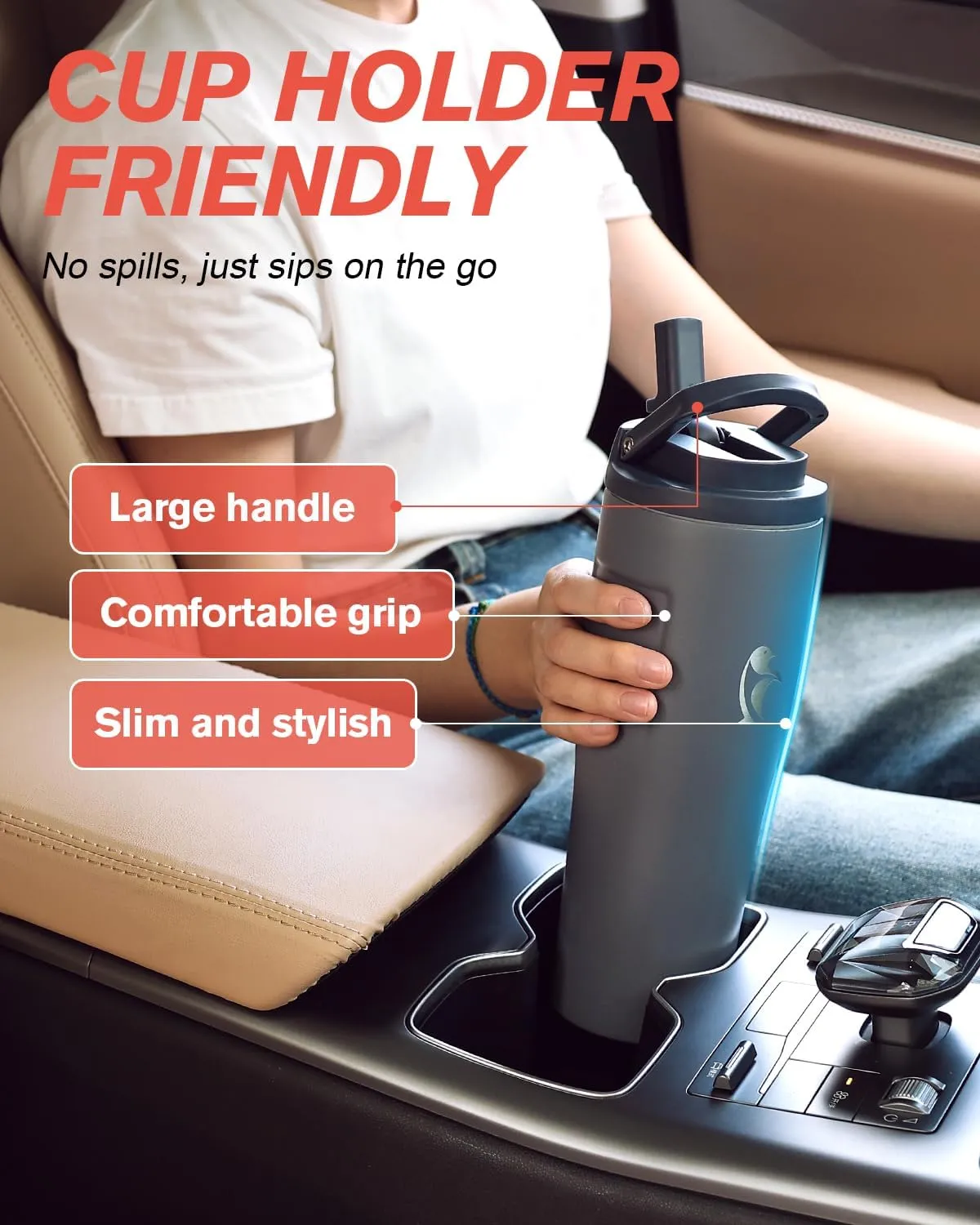 Coolflask 32 oz Insulated Water Bottle, Slim Tumblers with Straw Lid & Handle, Fits Car Cup Holder, Stainless Steel Thermo Flask for Sports, Gym, Travel, Office, Dishwasher Safe, Grey