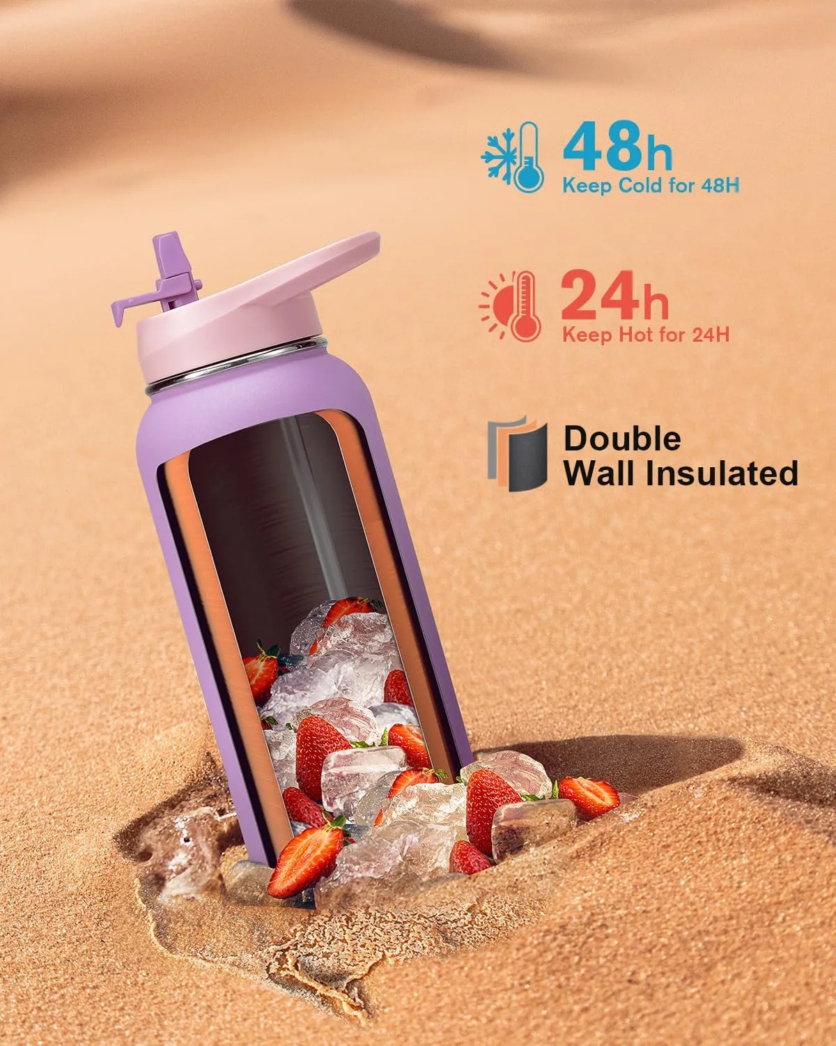 Coolflask 40 oz Water Bottle Insulated with PU Leather Sleeve, Water Bottle Stainless Steel Metal with Straw Lid & Spout Lid, Double Vacuum Keep Cold 48H Hot 24H Water Flask, Lilac Purple