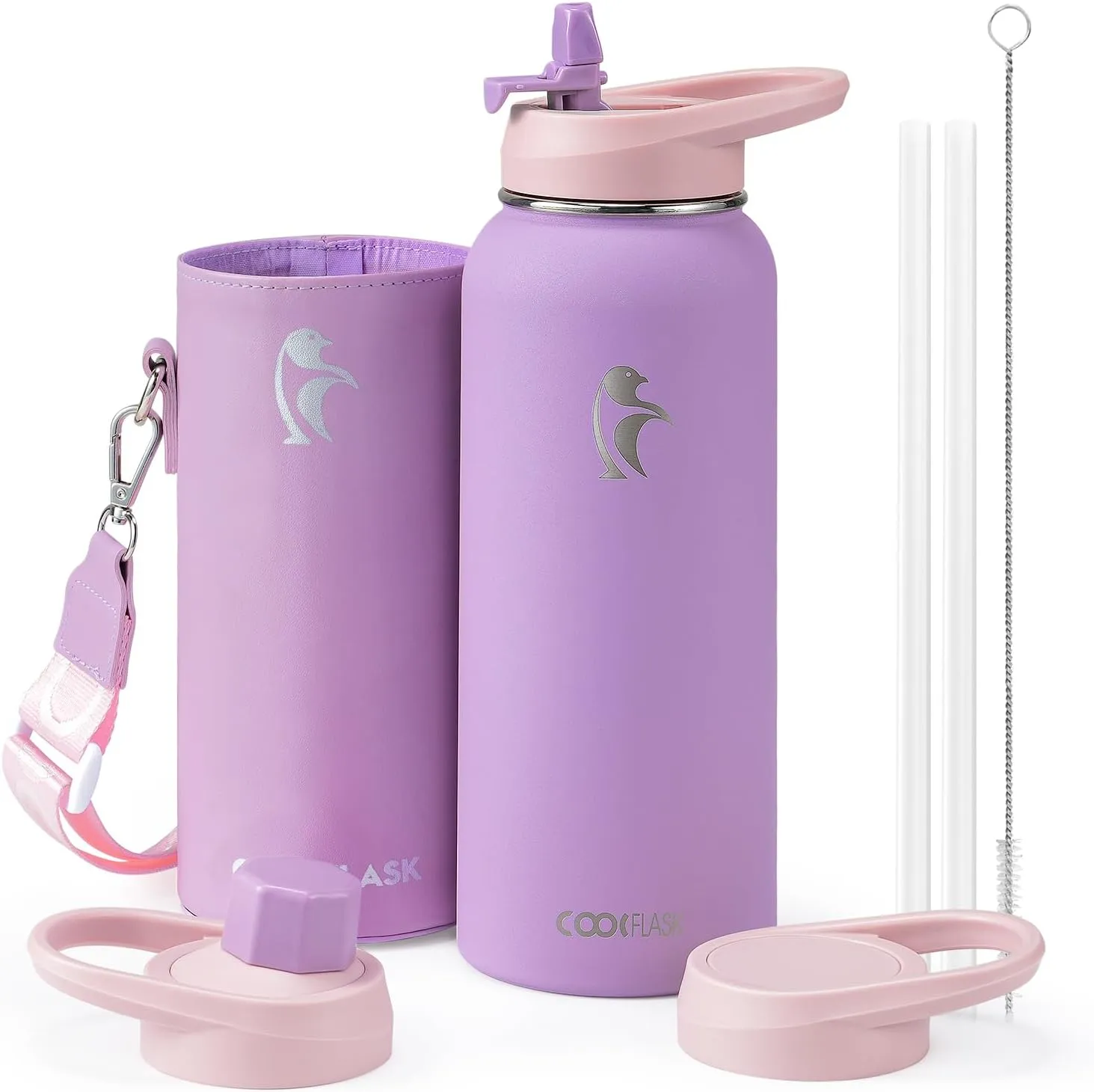 Coolflask 40 oz Water Bottle Insulated with PU Leather Sleeve, Water Bottle Stainless Steel Metal with Straw Lid & Spout Lid, Double Vacuum Keep Cold 48H Hot 24H Water Flask, Lilac Purple
