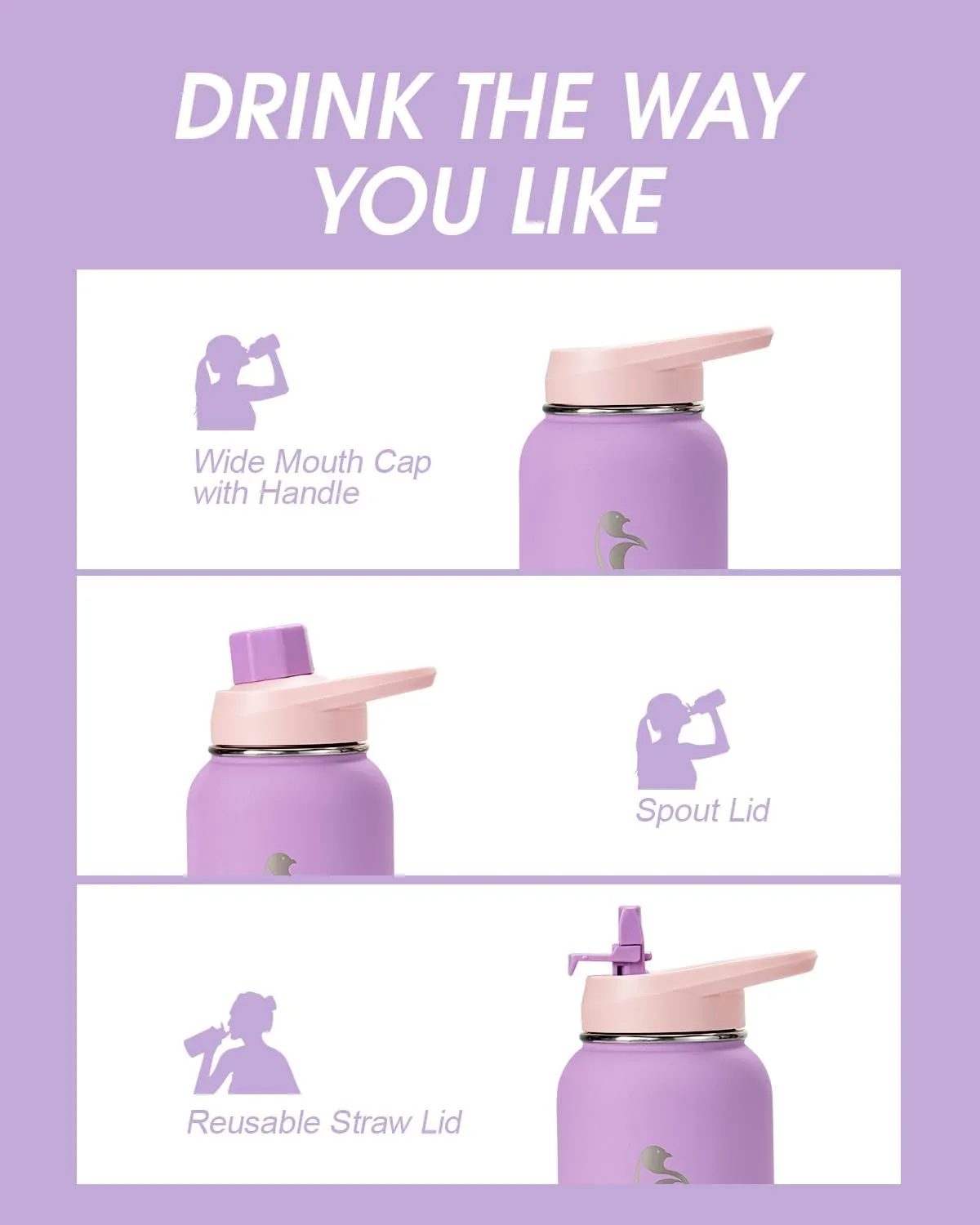 Coolflask 40 oz Water Bottle Insulated with PU Leather Sleeve, Water Bottle Stainless Steel Metal with Straw Lid & Spout Lid, Double Vacuum Keep Cold 48H Hot 24H Water Flask, Lilac Purple
