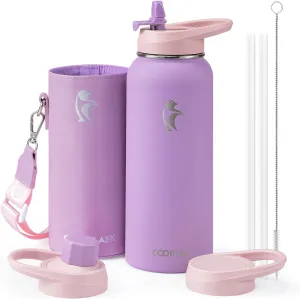 Coolflask 40 oz Water Bottle Insulated with PU Leather Sleeve, Water Bottle Stainless Steel Metal with Straw Lid & Spout Lid, Double Vacuum Keep Cold 48H Hot 24H Water Flask, Lilac Purple