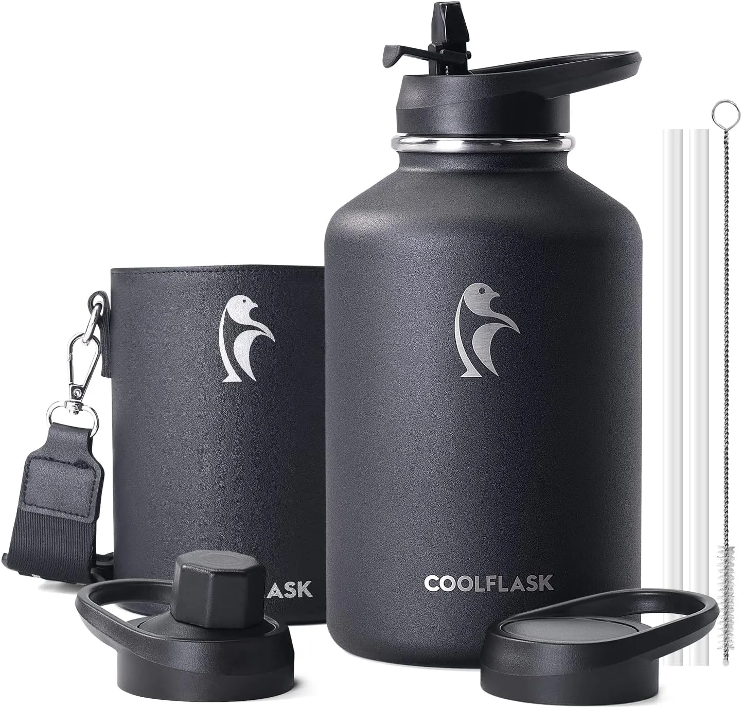Coolflask 64 oz Water Bottle Insulated with PU Leather Sleeve, Half Gallon Water Bottle Color Contrast with Straw Lids, Stainless Steel Metal Large Water Jug, Keep Cold 48h Hot 24h,Polar Black