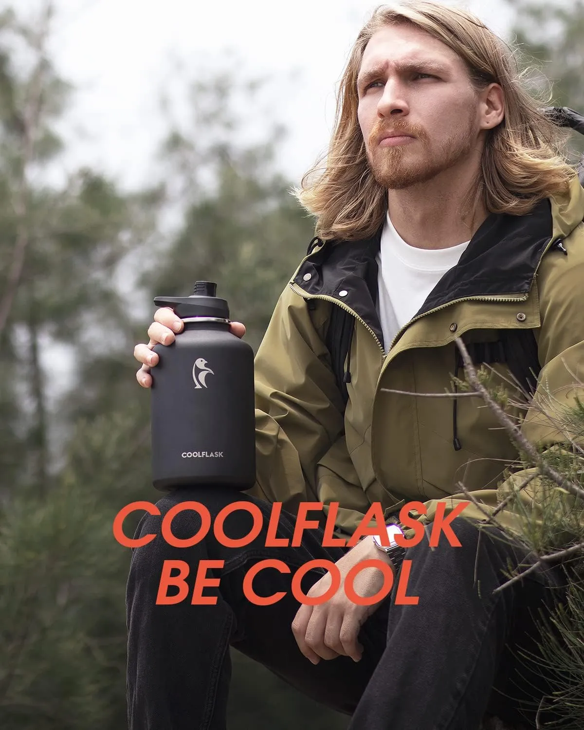 Coolflask 64 oz Water Bottle Insulated with PU Leather Sleeve, Half Gallon Water Bottle Color Contrast with Straw Lids, Stainless Steel Metal Large Water Jug, Keep Cold 48h Hot 24h,Polar Black