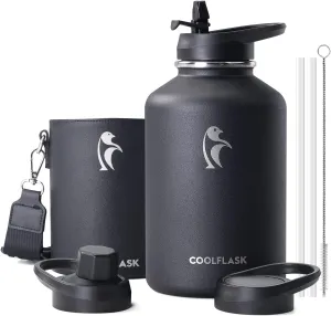 Coolflask 64 oz Water Bottle Insulated with PU Leather Sleeve, Half Gallon Water Bottle Color Contrast with Straw Lids, Stainless Steel Metal Large Water Jug, Keep Cold 48h Hot 24h,Polar Black