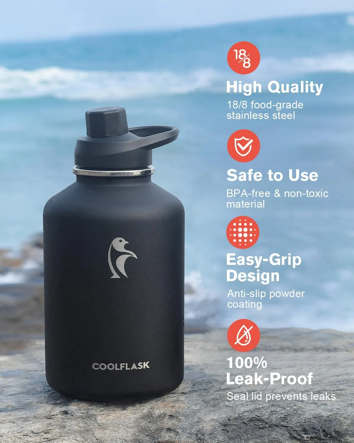 Coolflask 64 oz Water Bottle Insulated with PU Leather Sleeve, Half Gallon Water Bottle Color Contrast with Straw Lids, Stainless Steel Metal Large Water Jug, Keep Cold 48h Hot 24h,Polar Black