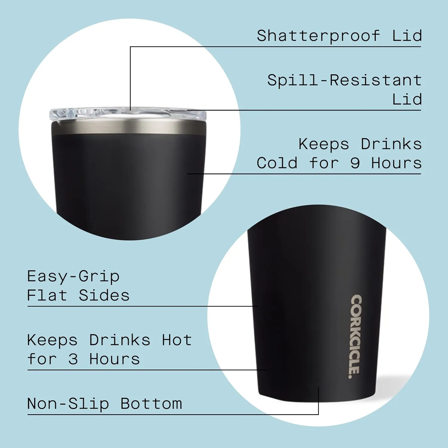 Corkcicle Classic Triple Insulated Coffee Mug with Lid, Matte Black, 16 oz – Stainless Steel Travel Tumbler Keeps Beverages Cold 9 hrs, Hot 3hrs – Cupholder Friendly Travel Coffee Tumbler