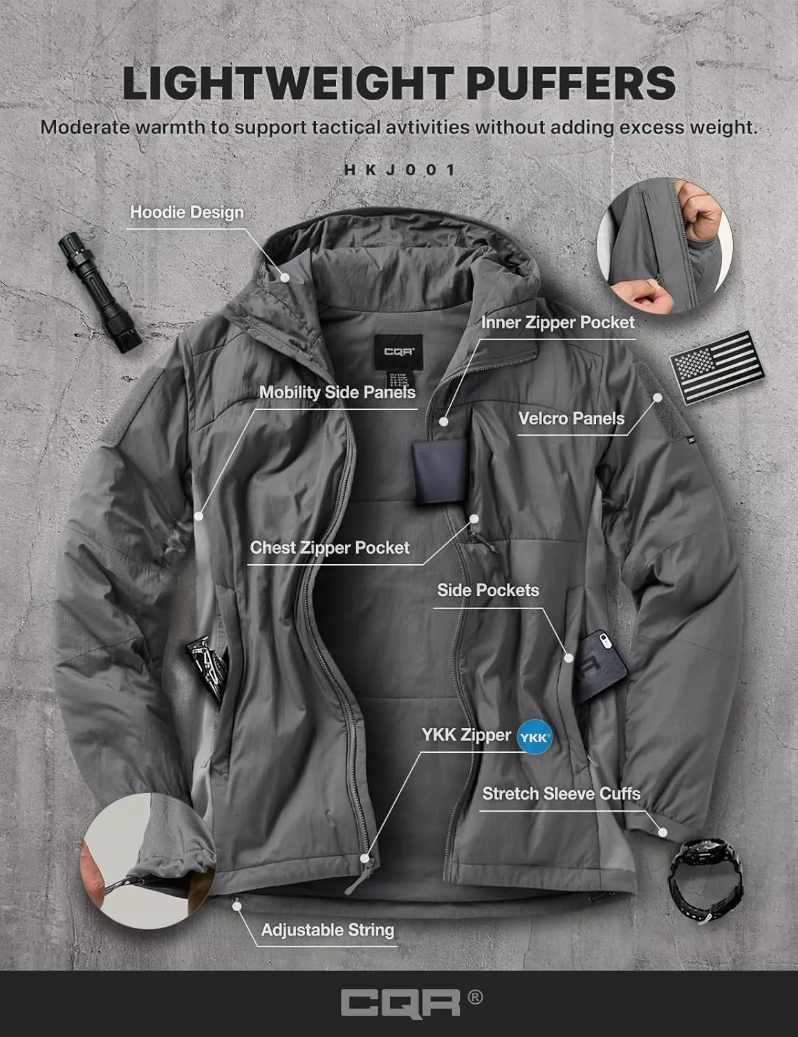 CQR Men's Insulated Hooded Tactical Jacket, Lightweight Mid-Layer Warm Hoodie, Water Resistant Full Zip Hiking Work Coat