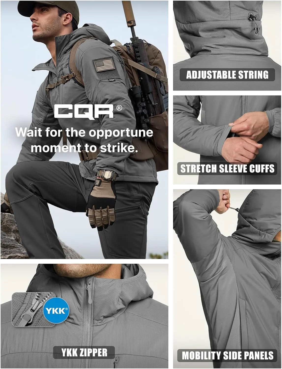 CQR Men's Insulated Hooded Tactical Jacket, Lightweight Mid-Layer Warm Hoodie, Water Resistant Full Zip Hiking Work Coat