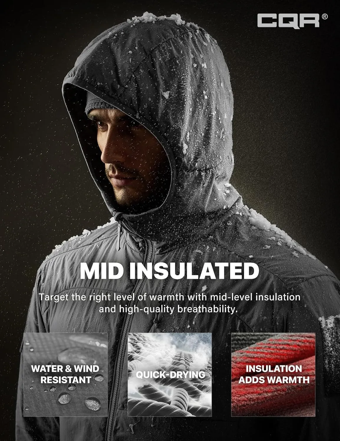 CQR Men's Insulated Hooded Tactical Jacket, Lightweight Mid-Layer Warm Hoodie, Water Resistant Full Zip Hiking Work Coat