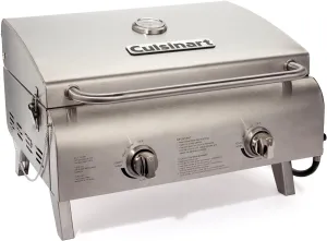 Cuisinart Chef's Style Tabletop Portable Propane Gas Grill with Dual Burners (20,000 BTUs Total), Twist-Start Ignition Stainless Steel BBQ Grill for Camping, Tailgates, BBQ, Hassle-Free Setup
