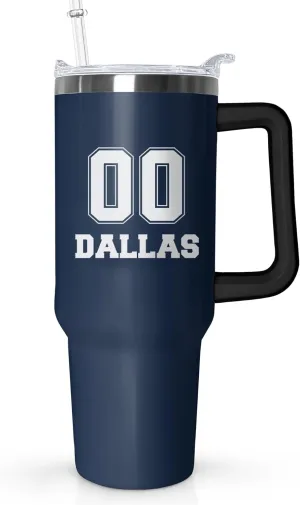Custom 40 oz Tumbler for Dallas Football Fans Gifts for Men Women Ideas - 40 oz Tumbler with Handle and Straw Lid Leak Proof - Customized Number Personalized Dallas Cup Coffee Mug