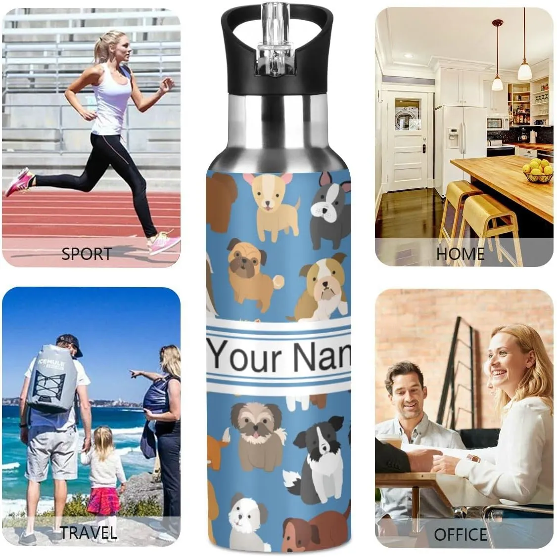 Custom Water Bottle with Straw, Puppy Dog Blue Lid Thermos Kids Insulated Stainless Steel Water Flask Sports, 20 Oz Hot Cold
