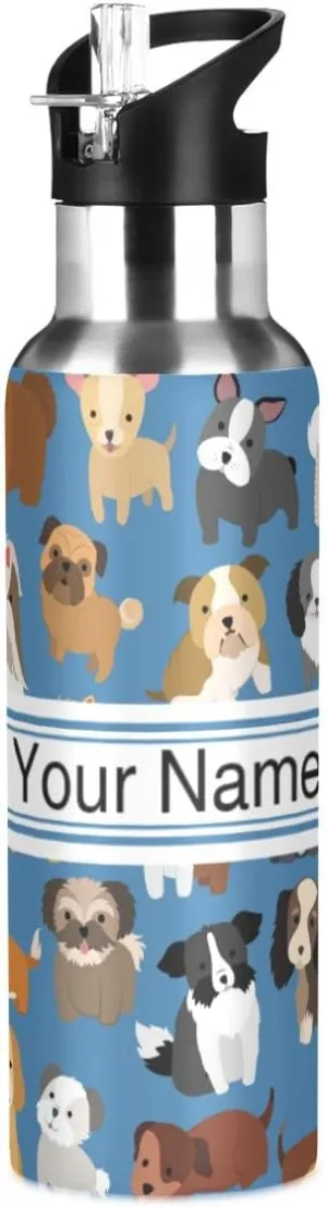 Custom Water Bottle with Straw, Puppy Dog Blue Lid Thermos Kids Insulated Stainless Steel Water Flask Sports, 20 Oz Hot Cold
