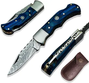 Customize Hand Forged Damascus Foldable Pocket Knife with Leather Sheath, Handmade Damascus Back Lock Folding Knife, Outdoor Knife for Camping and Hiking, Best Pocket Knife for Men, Blue